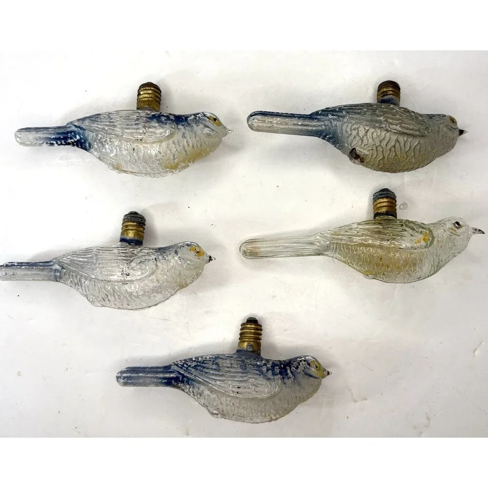 Bird Light Bulb Ornament Clear Glass Painted Blue Old• 5 Pc • Christmas Vintage